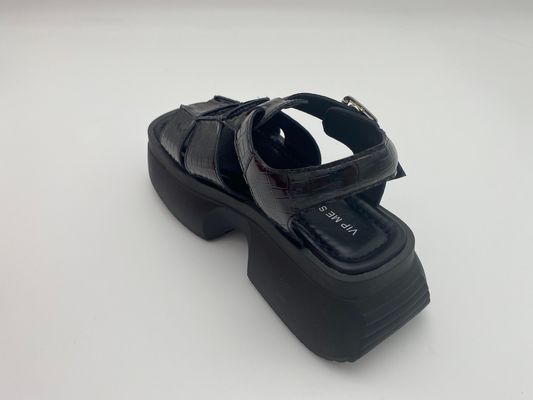 Women summer black thick soled sandals with metal button genuine leather summer