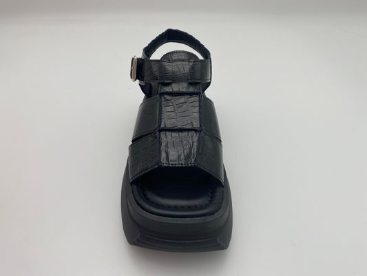 Women summer black thick soled sandals with metal button genuine leather summer