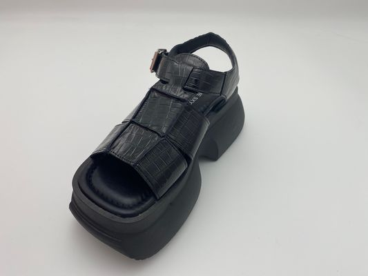 Women summer black thick soled sandals with metal button genuine leather summer