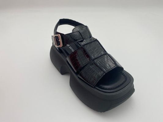 Women summer black thick soled sandals with metal button genuine leather summer
