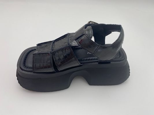 Women summer black thick soled sandals with metal button genuine leather summer