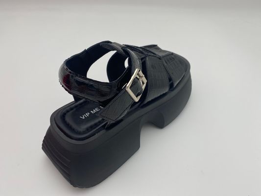 Женщины летние черные толстые сандалии с металлическими пуговицами